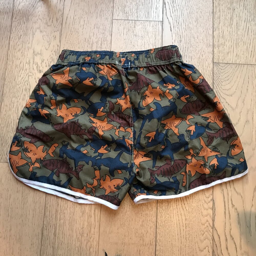 Men's Shark Print Swim Trunks - Green and Orange - Picture 3 of 3
